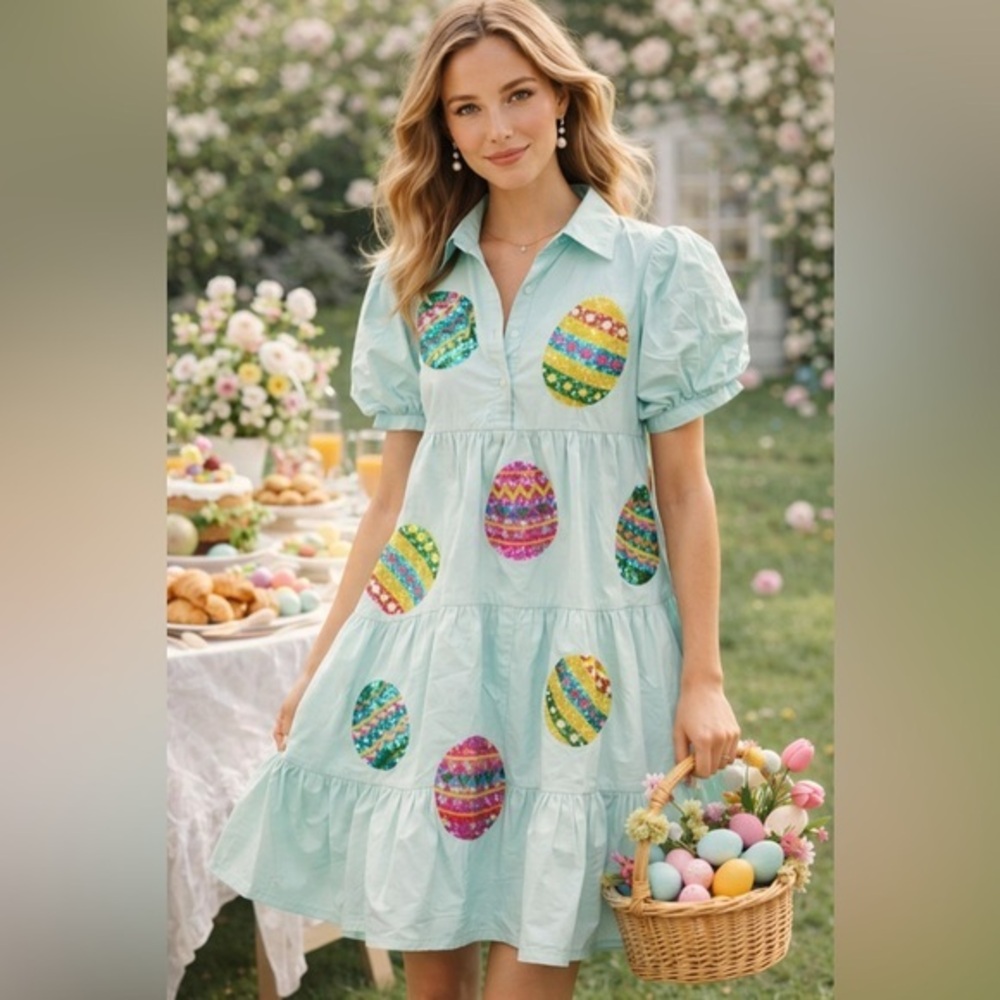 Fantastic Fawn Easter Egg Sequin Mini Dress Pastel Blue Puff Sleeve Tiered S